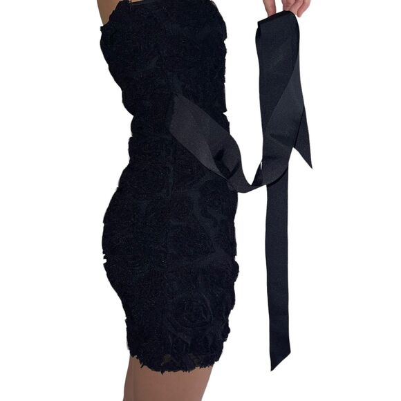 Zara Evening Strapless Dress Size S City Party Bodycon Black Raised Tulle Roses - Picture 10 of 14